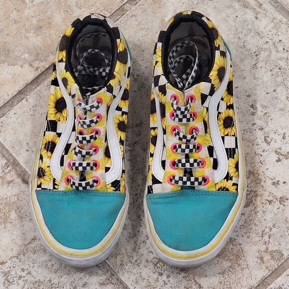 VANS Customs Sunflowers Old Skool size 6 Womens Fun Colorful Turquoise Yellow - Picture 5 of 16